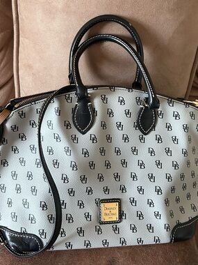 Dooney & Bourke Cream and Black Logo Dome Satchel
